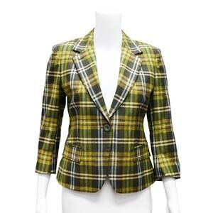 QL2 Plaid Wool Blend Blazer Size IT 40 US 4 Green White 3/4 Sleeve